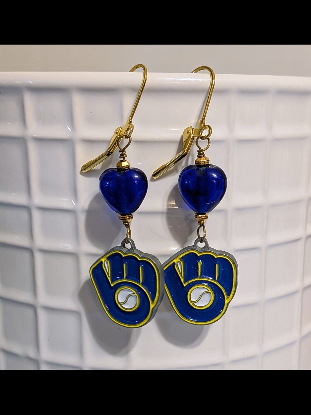 Milwaukee Brewers Baseball Dangle Earrings, Blue & Yellow, One of a Kind Design